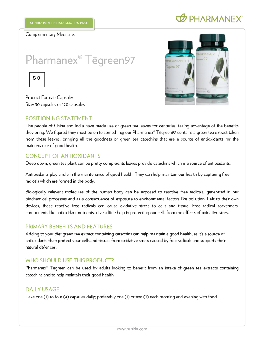 Nu Skin Pharmanex Tegreen 97® (30 capsules) Green Tea Leaf Extract Natural Antioxidant